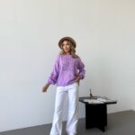 (Копія)Жіночий трикольоровий в’язаний светр з ажурним візерунком блакитного кольору 00579 00580