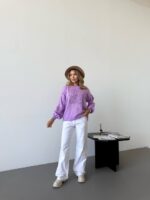 (Копія)Жіночий трикольоровий в’язаний светр з ажурним візерунком блакитного кольору 00579 00580