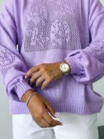 (Копія)Жіночий трикольоровий в’язаний светр з ажурним візерунком блакитного кольору 00579 00580