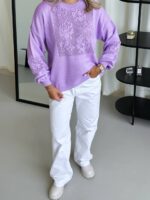 (Копія)Жіночий трикольоровий в’язаний светр з ажурним візерунком блакитного кольору 00579 00580