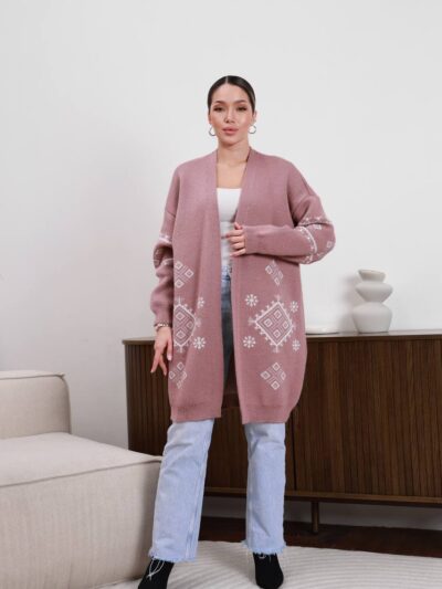(Копія)Жіночий в’язаний кардиган з етнічним візерунком молочного кольору 00599 00600