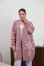 (Копія)Жіночий в’язаний кардиган з етнічним візерунком молочного кольору 00599 00600