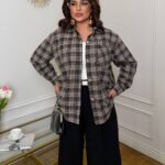 Жіноча стильна сорочка в клітинку шоколадно біжового кольору 00624