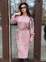 Жіноча сукня з поясом кольору темна пудра 00576
