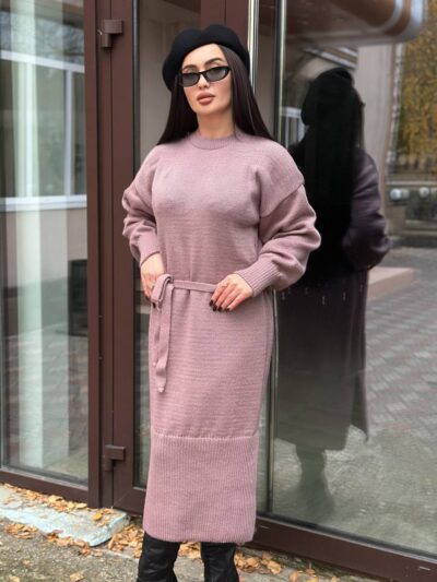 Жіноча сукня з поясом кольору темна пудра 00576