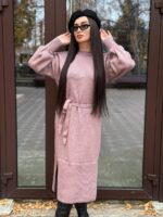 Жіноча сукня з поясом кольору темна пудра 00576