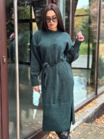 Жіноча сукня з поясом смарагдового кольору 00574