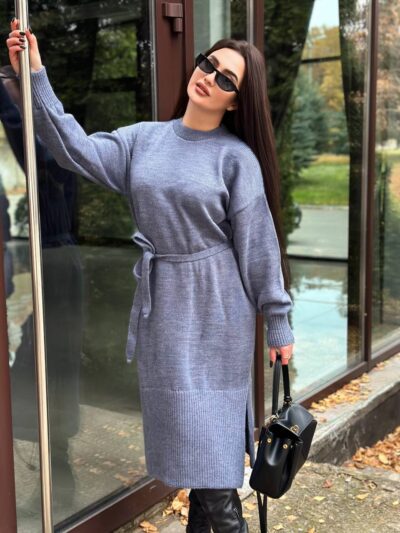 Жіноча сукня з поясом синього кольору 00575