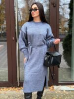 Жіноча сукня з поясом синього кольору 00575