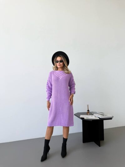 Жіноча в’язана сукня з візерунком бузкового кольору 00564