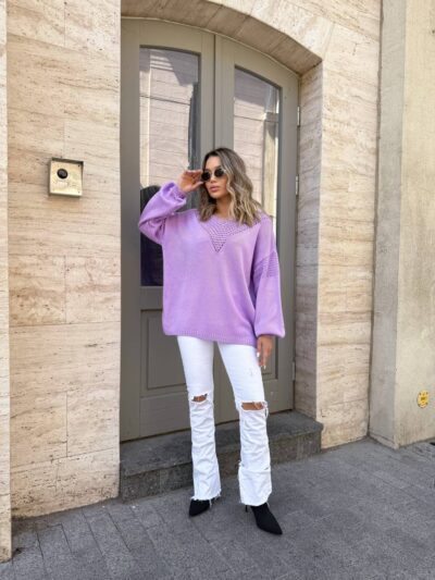 Жіночий легкий светр з візерунком бузкового кольору 00556