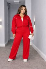 Жіночий трикотажний костюм кофта на блискавці та штани палаццо червоного кольору 00522