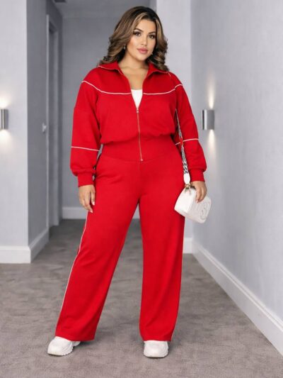 Жіночий трикотажний костюм кофта на блискавці та штани палаццо червоного кольору 00522