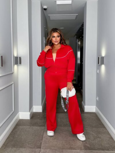 Жіночий трикотажний костюм кофта на блискавці та штани палаццо червоного кольору 00522