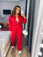 Жіночий трикотажний костюм кофта на блискавці та штани палаццо червоного кольору 00522