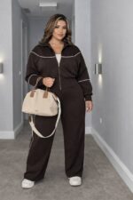 Жіночий трикотажний костюм кофта на блискавці та штани палаццо шоколадного кольору 00521