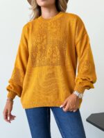 Жіночий в’язаний светр з ажурним візерунком гірчичного кольору 00585