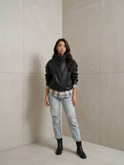 Жіноча куртка з екошкіри асиметричного крою чорного кольору 00681