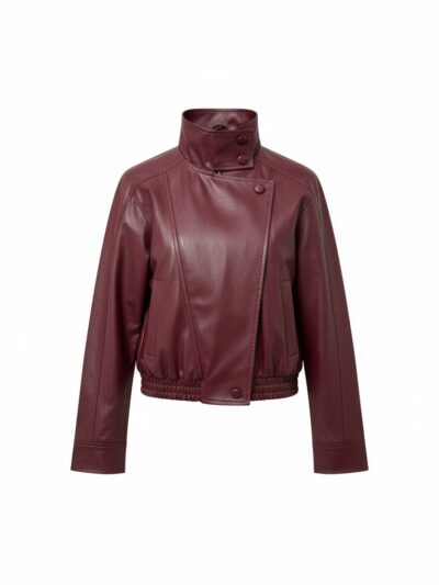 Жіноча куртка з екошкіри асиметричного крою кольору бургунді 00683
