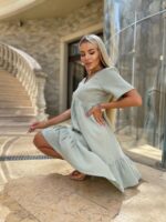 Жіноча стильна сукня з мусліну оливкового кольору 00712