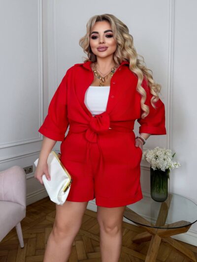 Жіночий костюм із натурального льону червоного кольору 00701