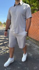 Чоловічий літній лляний костюм сорочка та шорти сірого кольору 00876
