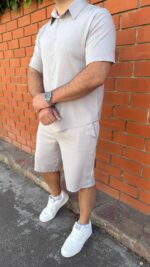 Чоловічий літній лляний костюм сорочка та шорти сірого кольору 00876