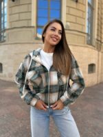 (Копія)Жіноча укорочена куртка-сорочка в клітинку блакитного кольору 01036 01037