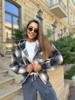 (Копія)Жіноча укорочена куртка-сорочка в клітинку смарагдового кольору 01037 01038
