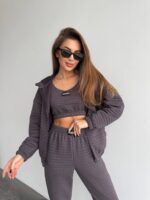 Жіночий костюм-трійка з топом кофти-худі та штанів кольору графіт 01039