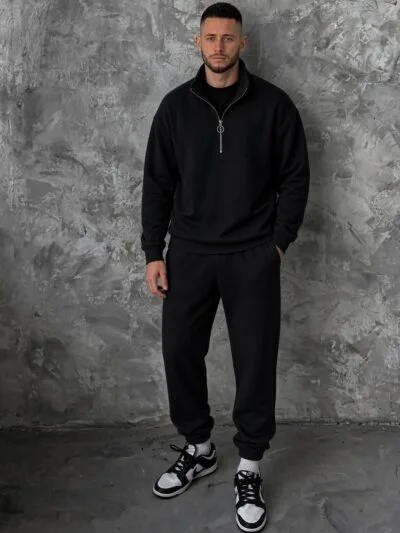 Чоловічий флісовий костюм на блискавці чорного кольору