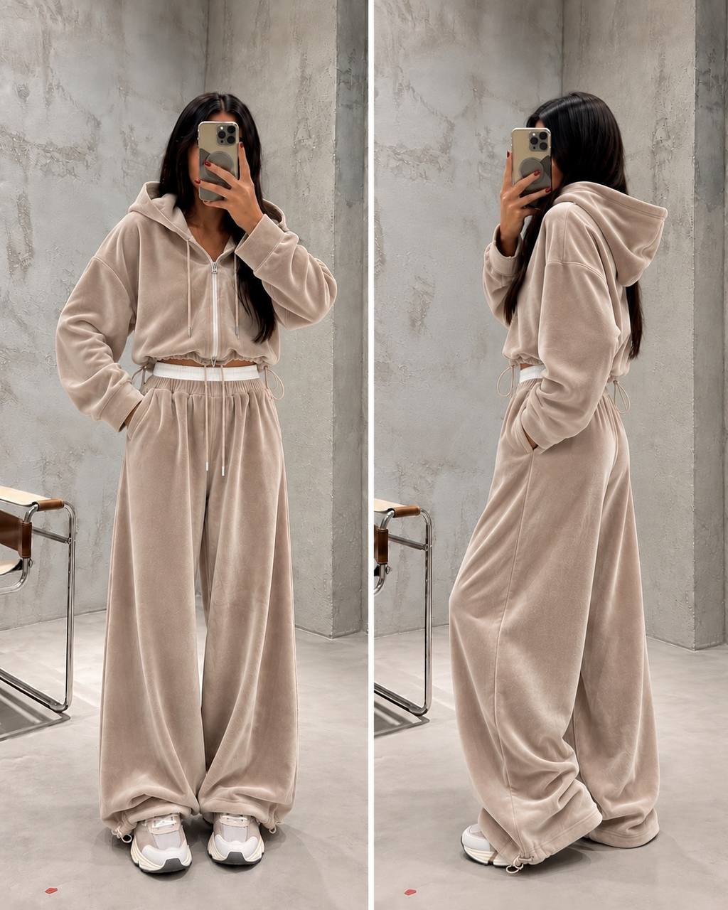 zhinochyj-velyurovyj-kostyum-z-kapyushonom-bezhevogo-koloru-90510-av-702-beige-1 Жіночий велюровий костюм з капюшоном бежевого кольору