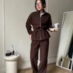 Жіночий флісовий костюм з куліскою шоколадного кольору
